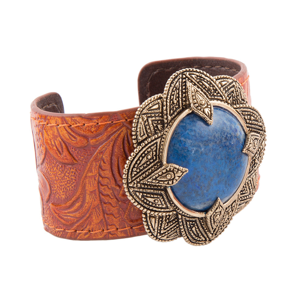 Ornate Blue Lapis Golden Leather Cuff Bracelet by Barse Jewelry