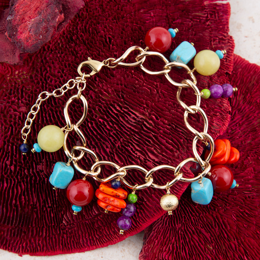 Zion Colorful Stone Charm Golden Bracelet detail view by Barse Jewelry