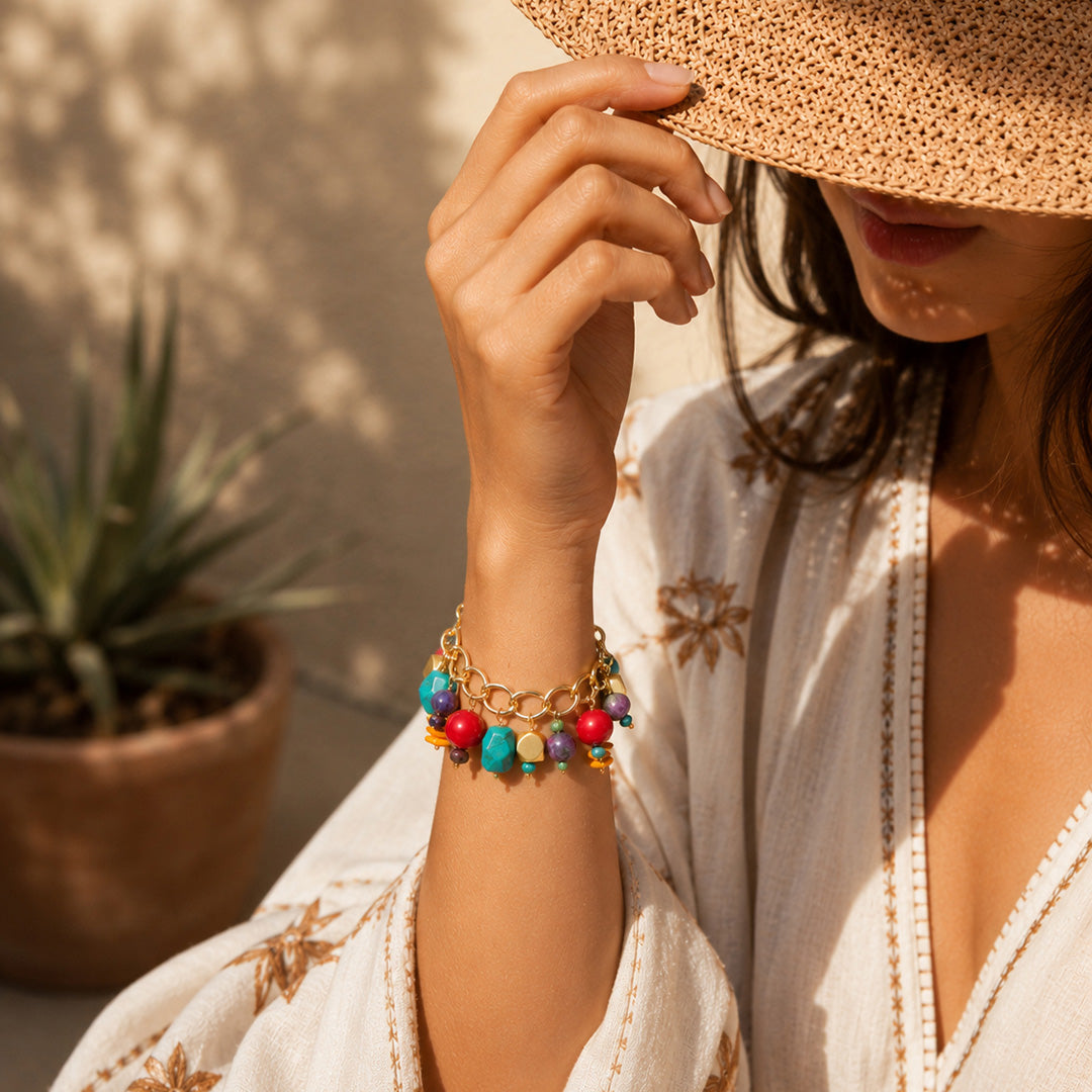 Zion Colorful Stone Charm Golden Bracelet detail view by Barse Jewelry