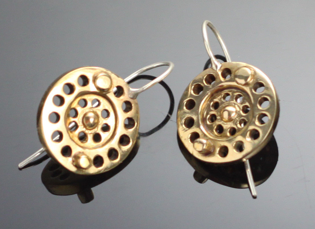 Bronze Fly Reel Earrings with Sterling Silver Wires by Anisa Jewelry