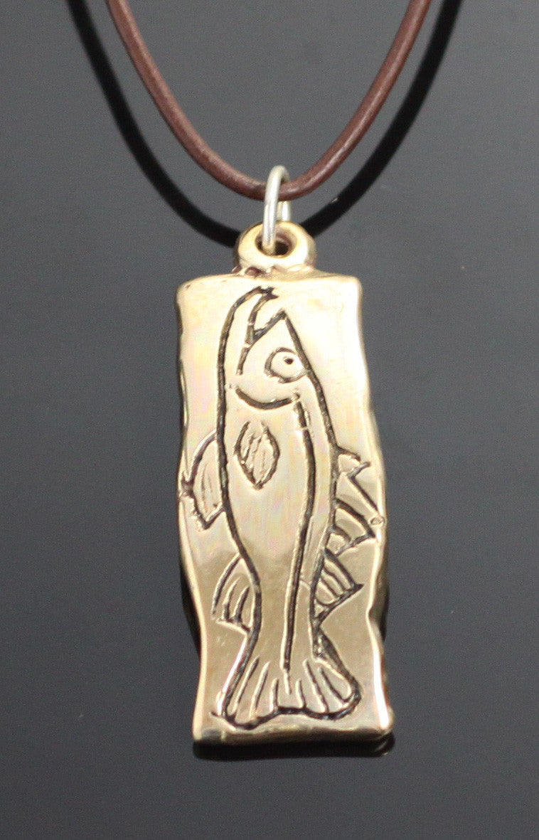 Bronze Snook Tag Pendant on Leather Cord by Anisa Jewelry