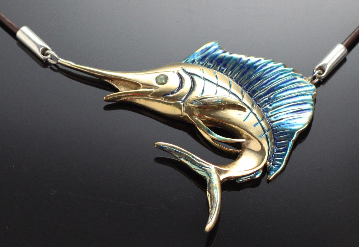 Bronze Sailfish Necklace with Blue Patina by Anisa Jewelry