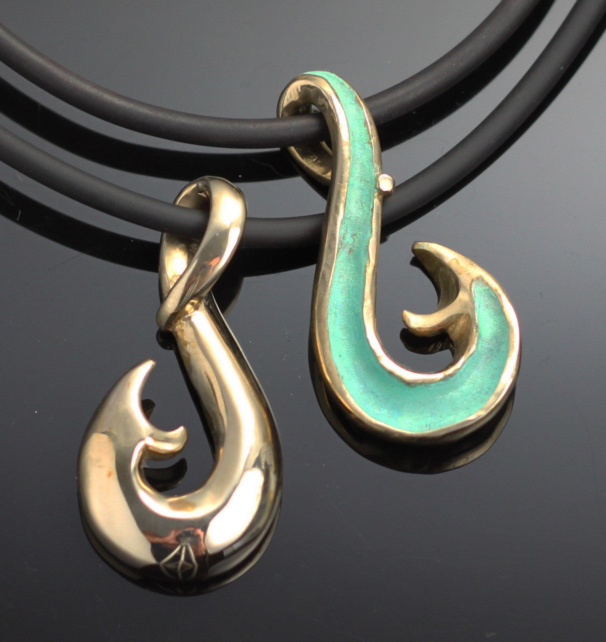 Reversible Bronze Wavy Hook Pendant on Brown Leather by Anisa Jewelry