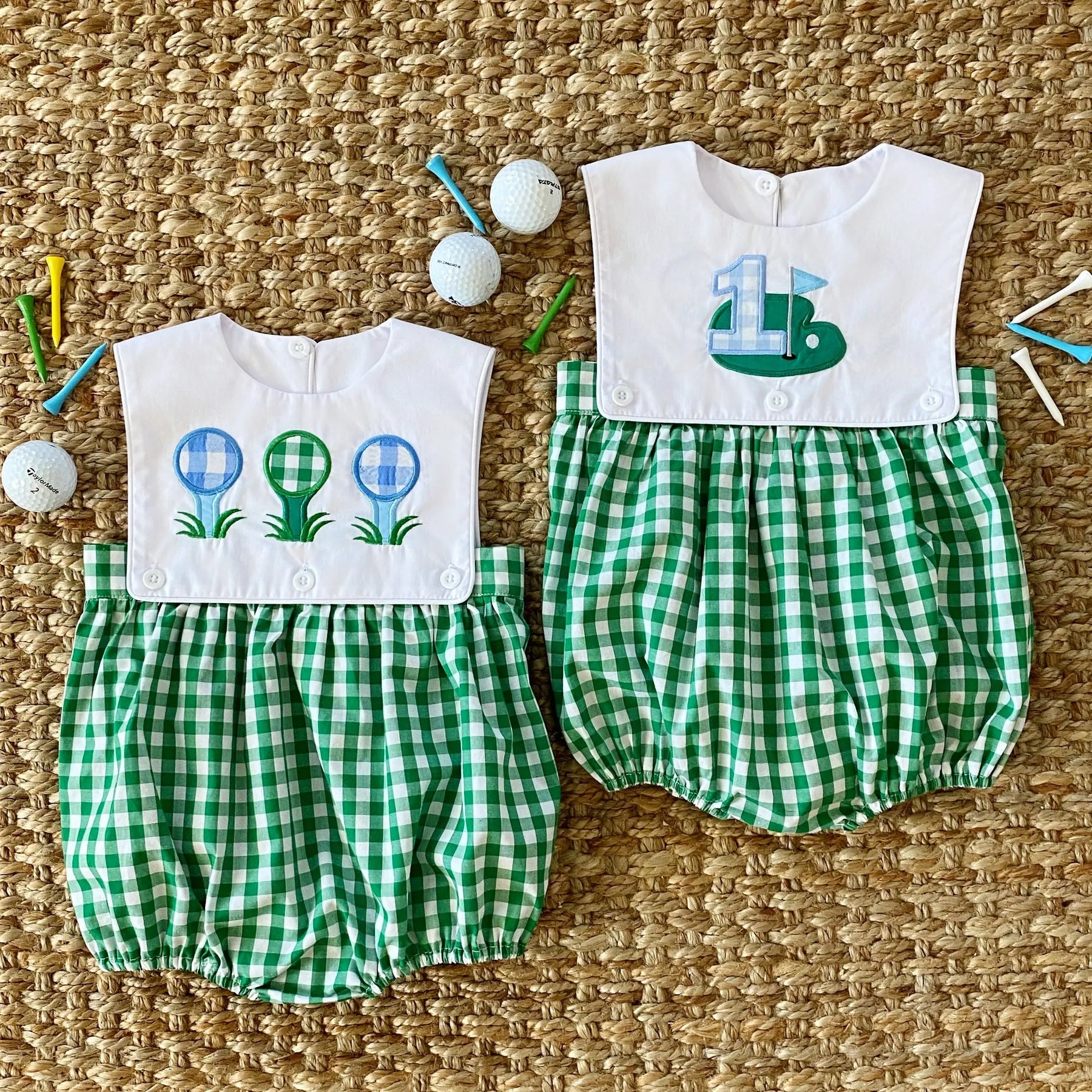 Baby Boy First Birthday Golf Outfit | Hole-In-One Reversible Golf Bubble by Seven Lantern Lane, children's boutique clothing detail photo 2