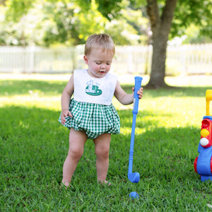 Baby Boy First Birthday Golf Outfit | Hole-In-One Reversible Golf Bubble by Seven Lantern Lane, children's boutique clothing detail photo 4