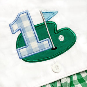 Baby Boy First Birthday Golf Outfit | Hole-In-One Reversible Golf Bubble by Seven Lantern Lane, children's boutique clothing detail photo 10