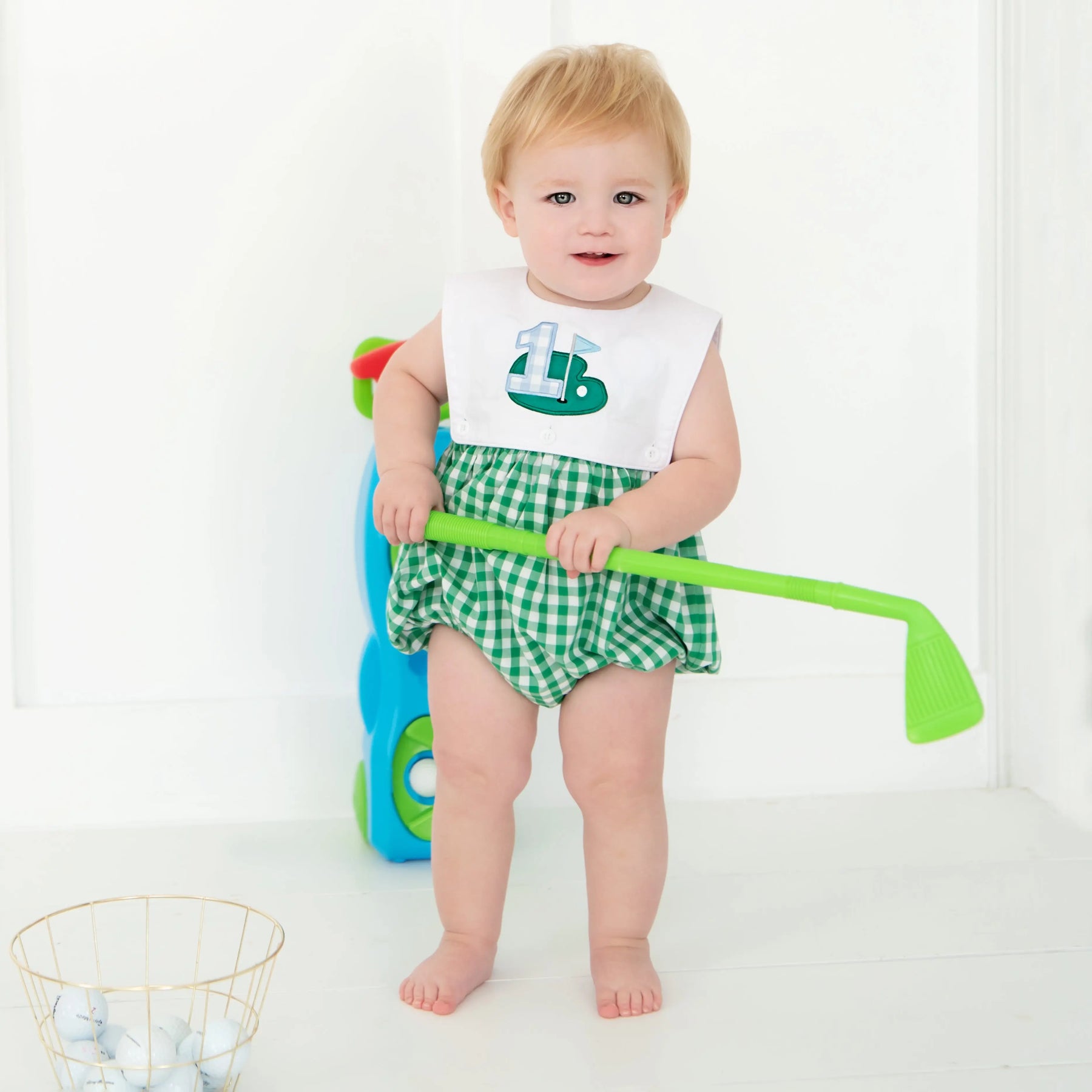 Baby Boy First Birthday Golf Outfit | Hole-In-One Reversible Golf Bubble by Seven Lantern Lane, children's boutique clothing detail photo 16