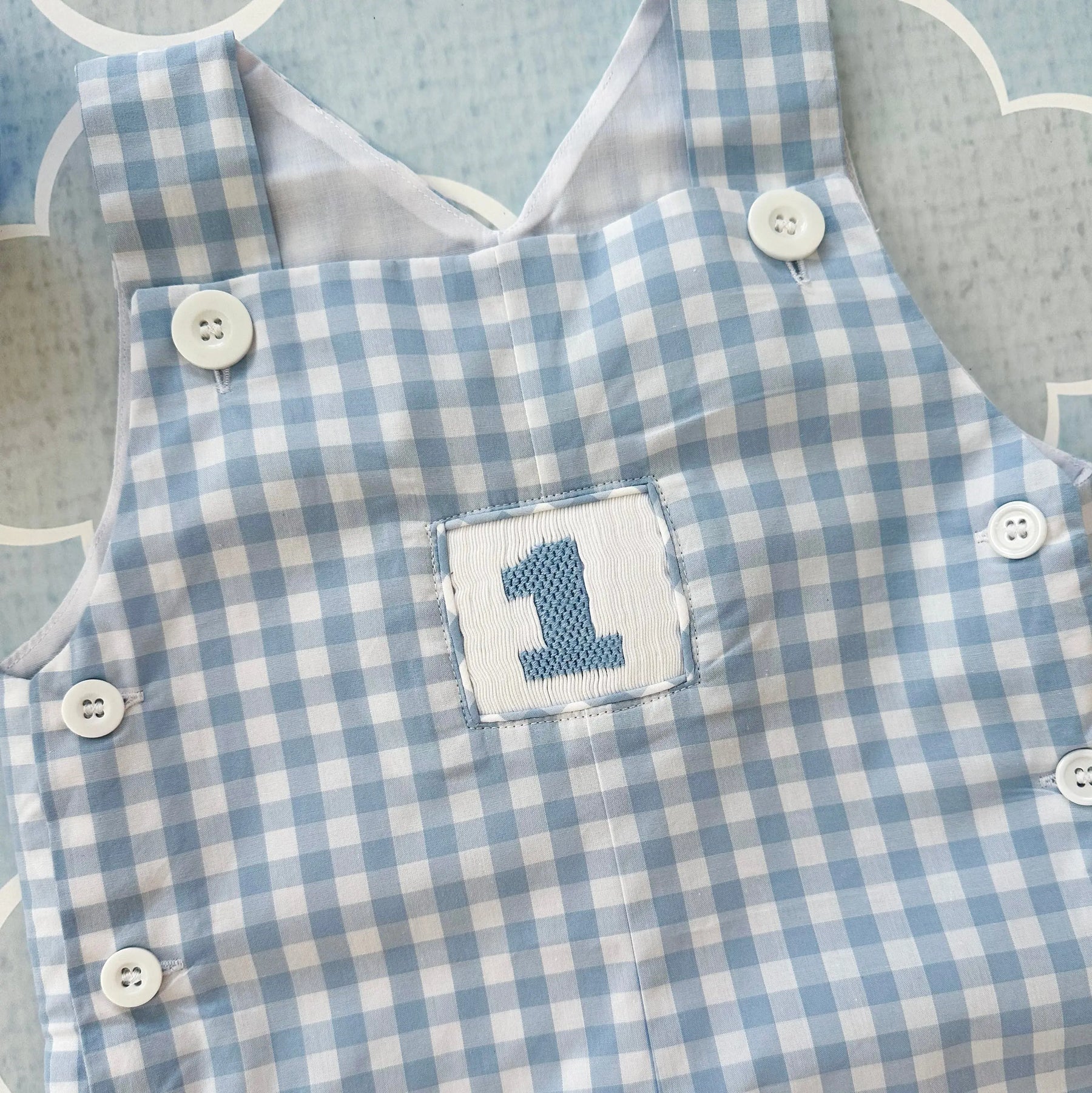 Baby Boy First Birthday Outfit | Smocked Birthday Jon Jon by Seven Lantern Lane, children's boutique clothing detail photo 5