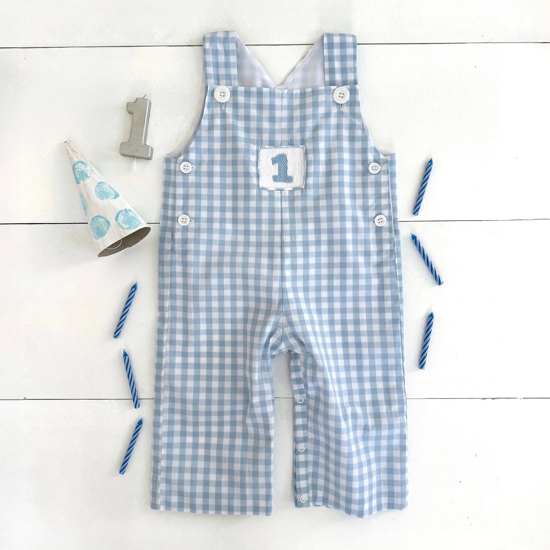 Baby Boy First Birthday Outfit | Smocked Birthday Jon Jon by Seven Lantern Lane, children's boutique clothing detail photo 7