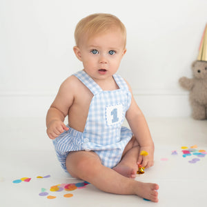 Baby Boy First Birthday Outfit – Smocked Blue Birthday Bubble by Seven Lantern Lane, children's boutique clothing detail photo 2