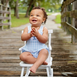 Baby Boy First Birthday Outfit – Smocked Blue Birthday Bubble by Seven Lantern Lane, children's boutique clothing detail photo 3