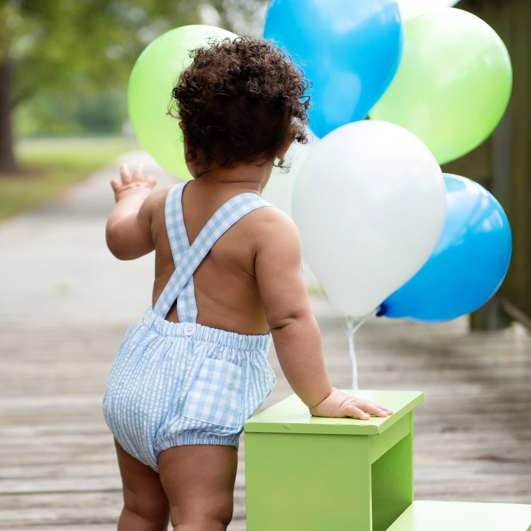 Baby Boy First Birthday Outfit – Smocked Blue Birthday Bubble by Seven Lantern Lane, children's boutique clothing detail photo 4