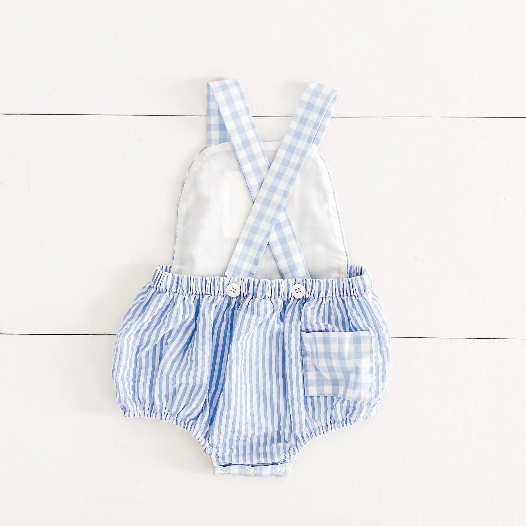 Baby Boy First Birthday Outfit – Smocked Blue Birthday Bubble by Seven Lantern Lane, children's boutique clothing detail photo 6
