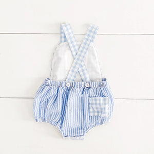 Baby Boy First Birthday Outfit – Smocked Blue Birthday Bubble by Seven Lantern Lane, children's boutique clothing detail photo 6