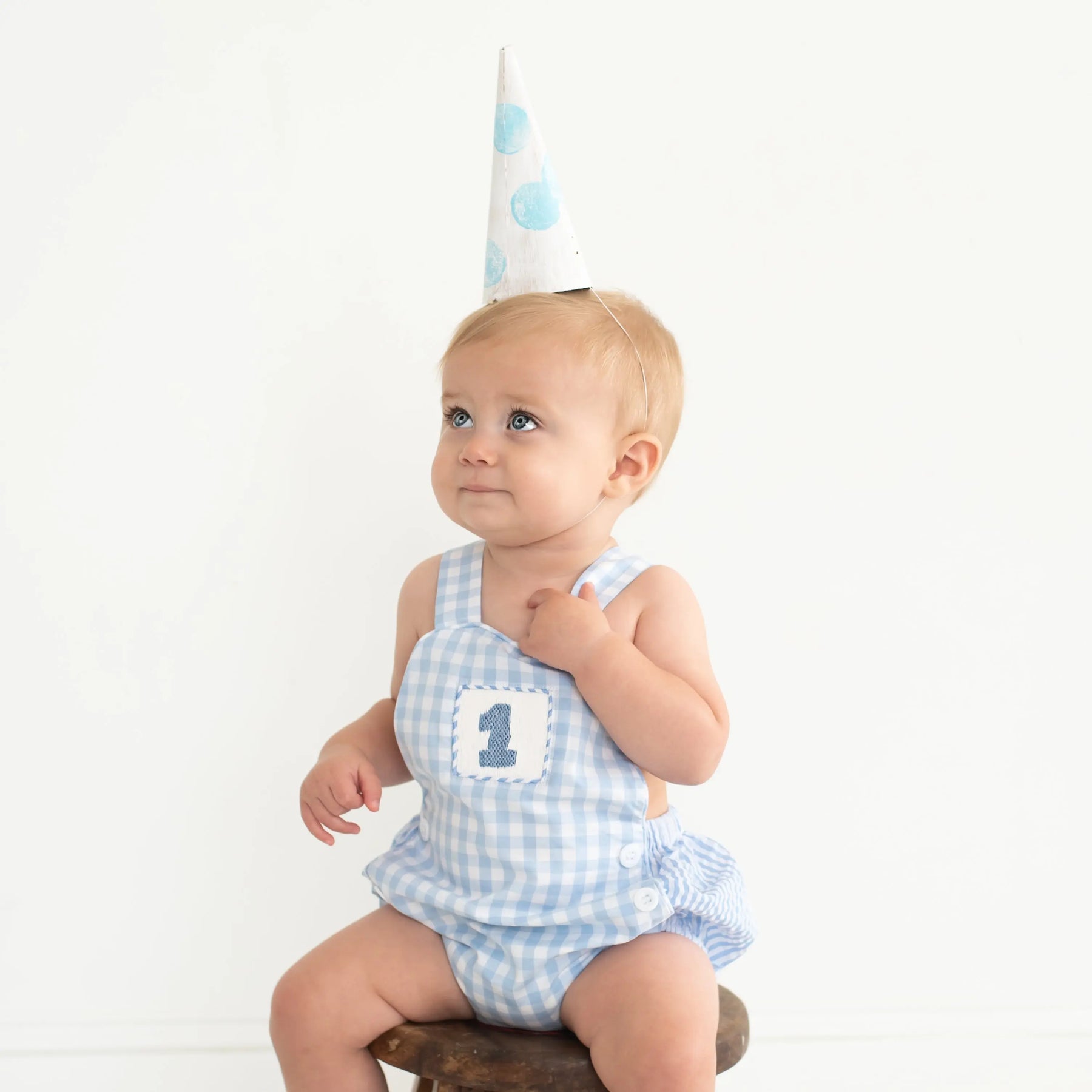 Baby Boy First Birthday Outfit – Smocked Blue Birthday Bubble by Seven Lantern Lane, children's boutique clothing detail photo 8