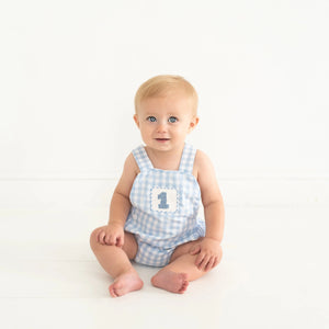 Baby Boy First Birthday Outfit – Smocked Blue Birthday Bubble by Seven Lantern Lane, children's boutique clothing detail photo 9