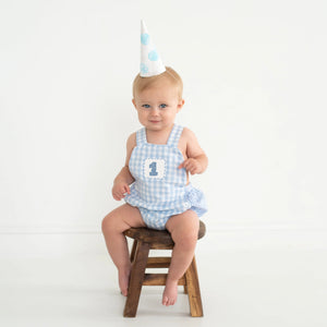 Baby Boy First Birthday Outfit – Smocked Blue Birthday Bubble by Seven Lantern Lane, children's boutique clothing detail photo 10