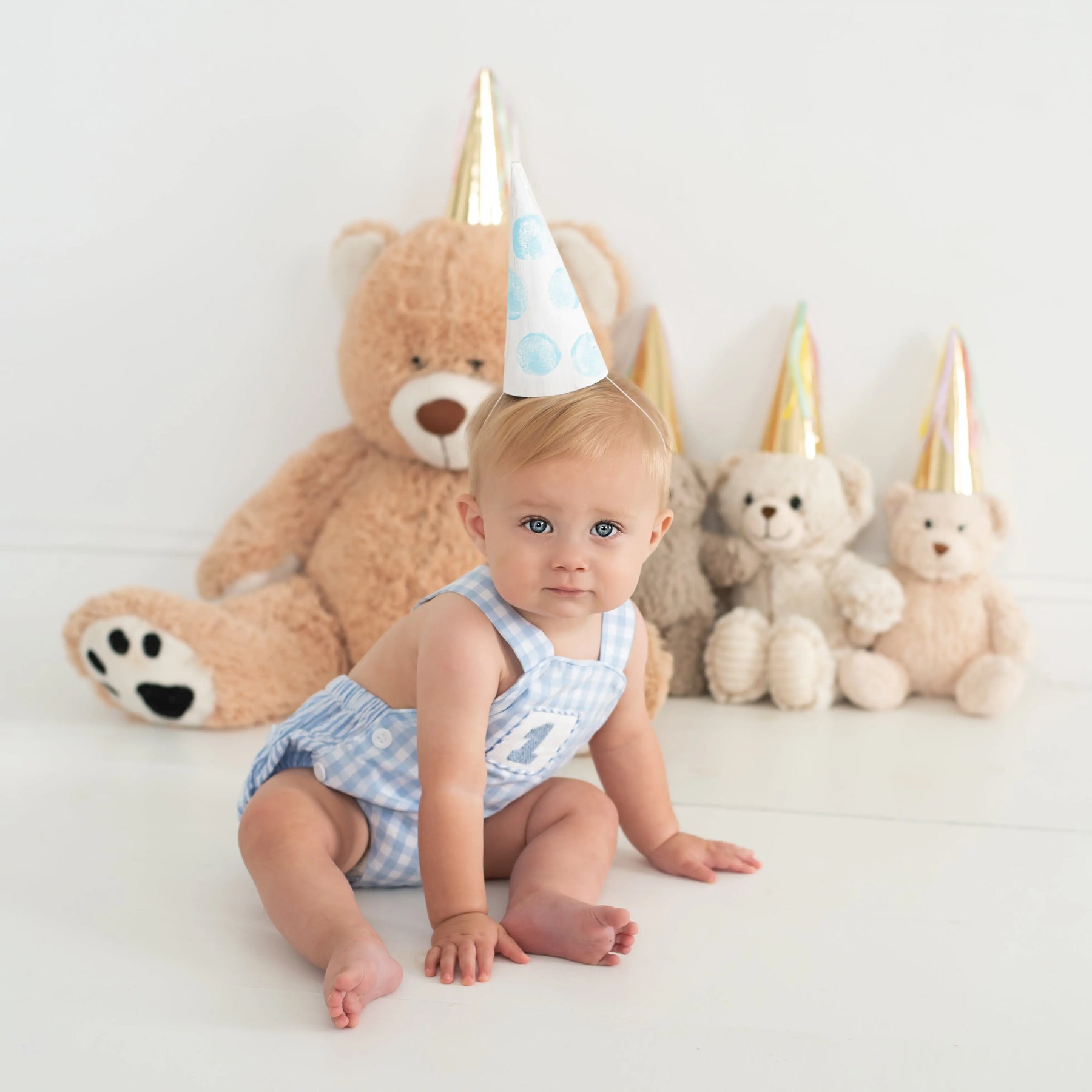 Baby Boy First Birthday Outfit – Smocked Blue Birthday Bubble by Seven Lantern Lane, children's boutique clothing detail photo 11