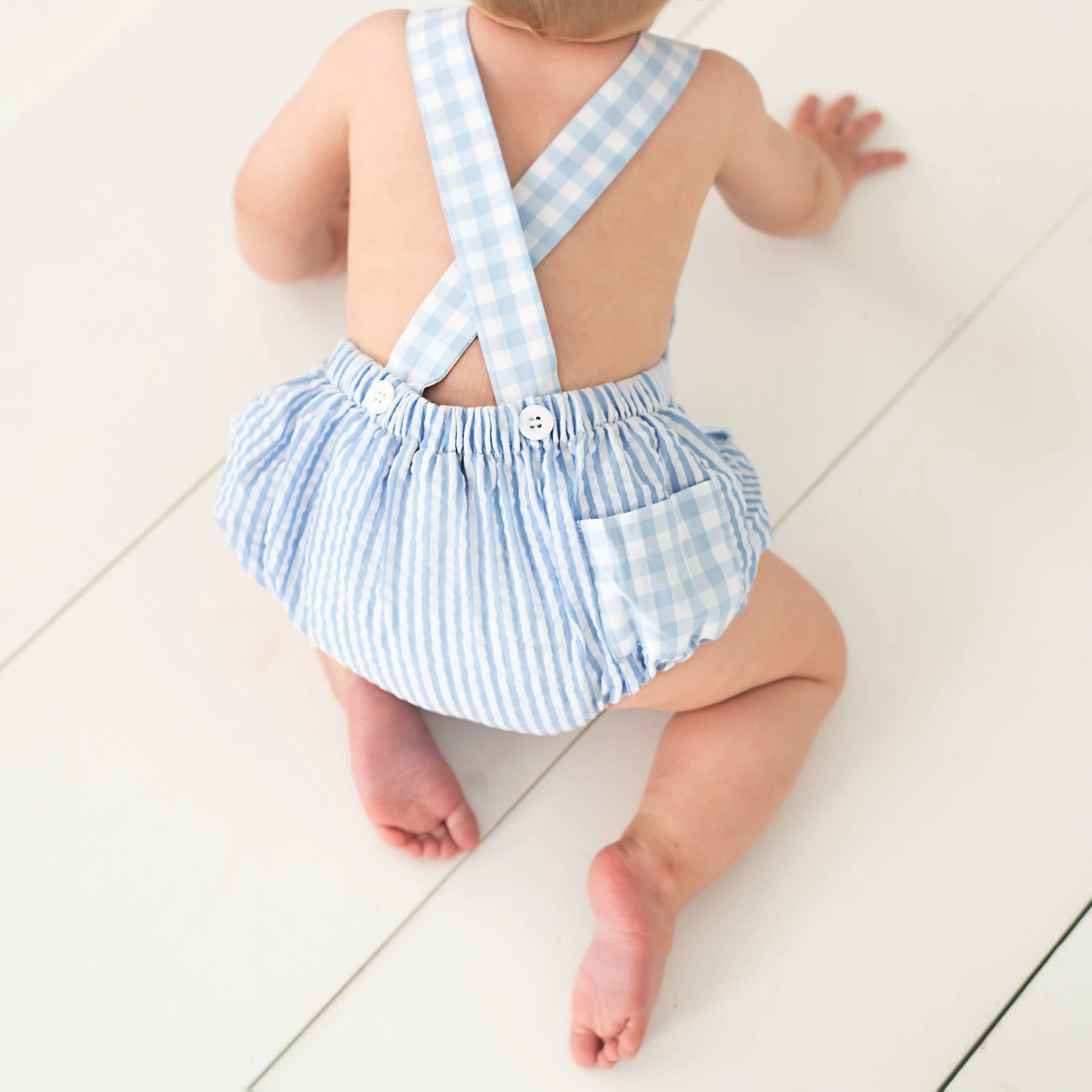 Baby Boy First Birthday Outfit – Smocked Blue Birthday Bubble by Seven Lantern Lane, children's boutique clothing detail photo 13