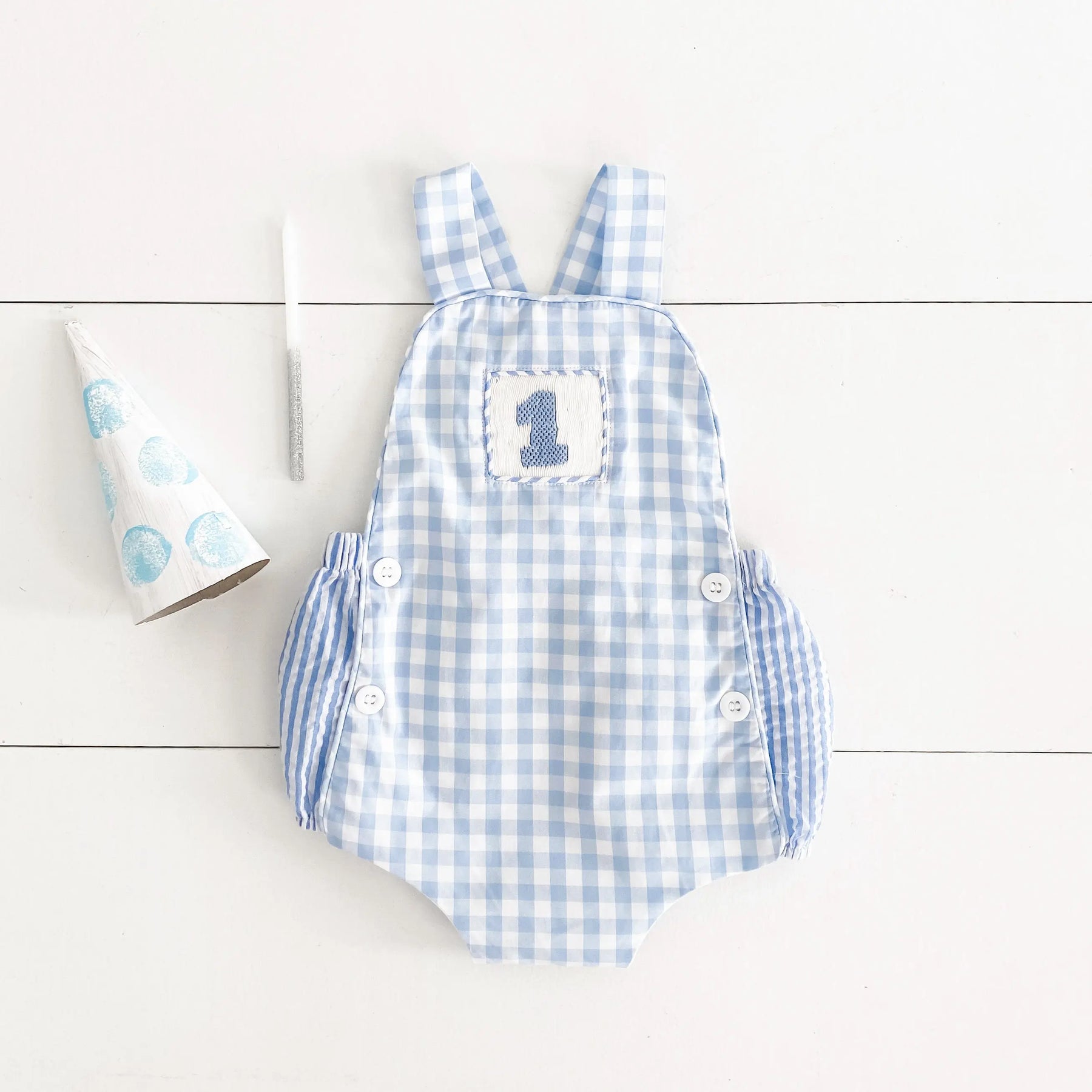 Baby Boy First Birthday Outfit – Smocked Blue Birthday Bubble by Seven Lantern Lane, children's boutique clothing detail photo 14