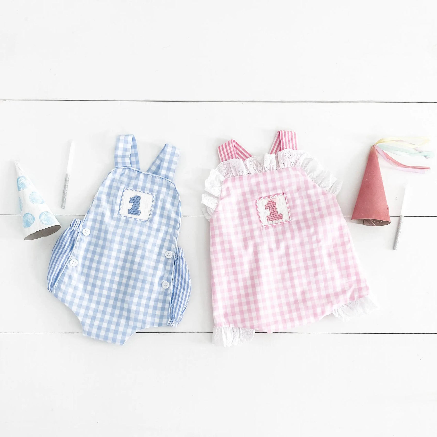 Baby Boy First Birthday Outfit – Smocked Blue Birthday Bubble by Seven Lantern Lane, children's boutique clothing detail photo 15