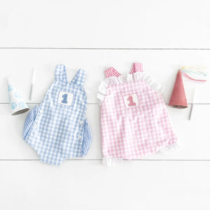 Baby Boy First Birthday Outfit – Smocked Blue Birthday Bubble by Seven Lantern Lane, children's boutique clothing detail photo 15