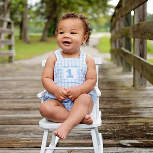 Baby Boy First Birthday Outfit – Smocked Blue Birthday Bubble by Seven Lantern Lane, children's boutique clothing detail photo 18