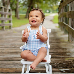 Baby Boy First Birthday Outfit – Smocked Blue Birthday Bubble by Seven Lantern Lane, children's boutique clothing detail photo 19