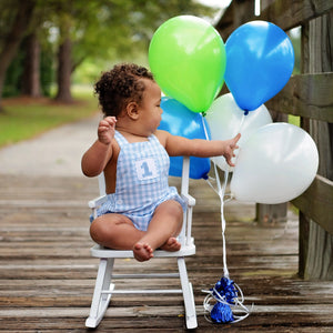 Baby Boy First Birthday Outfit – Smocked Blue Birthday Bubble by Seven Lantern Lane, children's boutique clothing detail photo 21