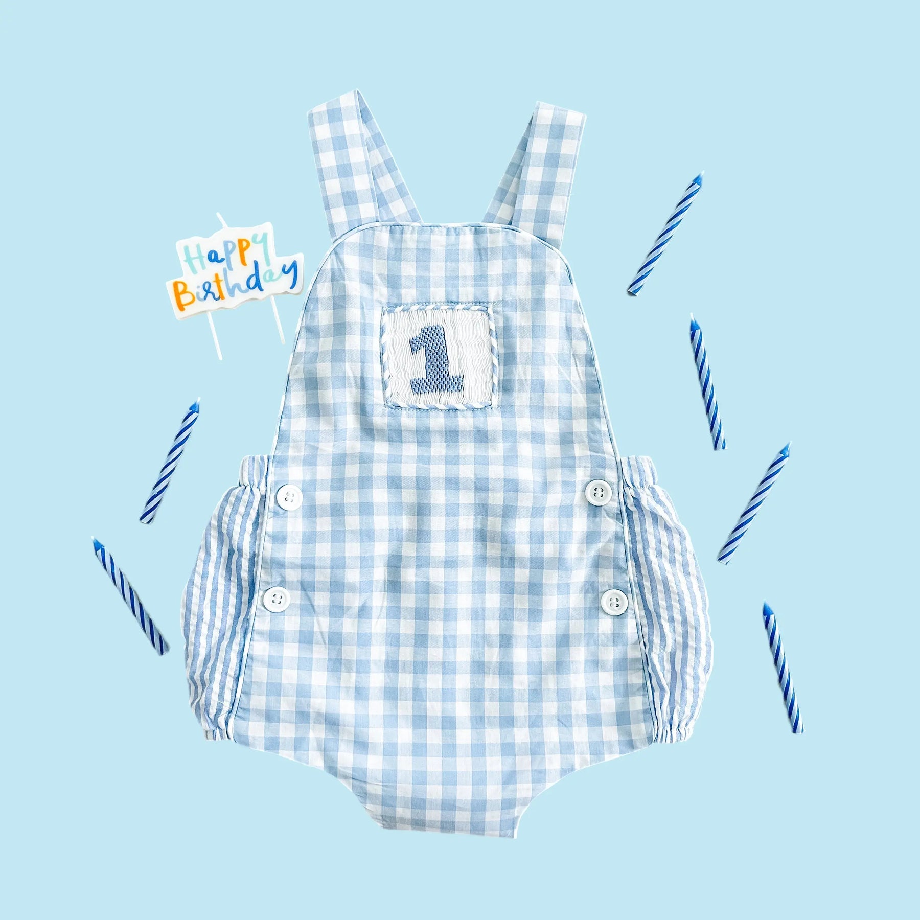 Baby Boy First Birthday Outfit – Smocked Blue Birthday Bubble by Seven Lantern Lane, children's boutique clothing detail photo 23