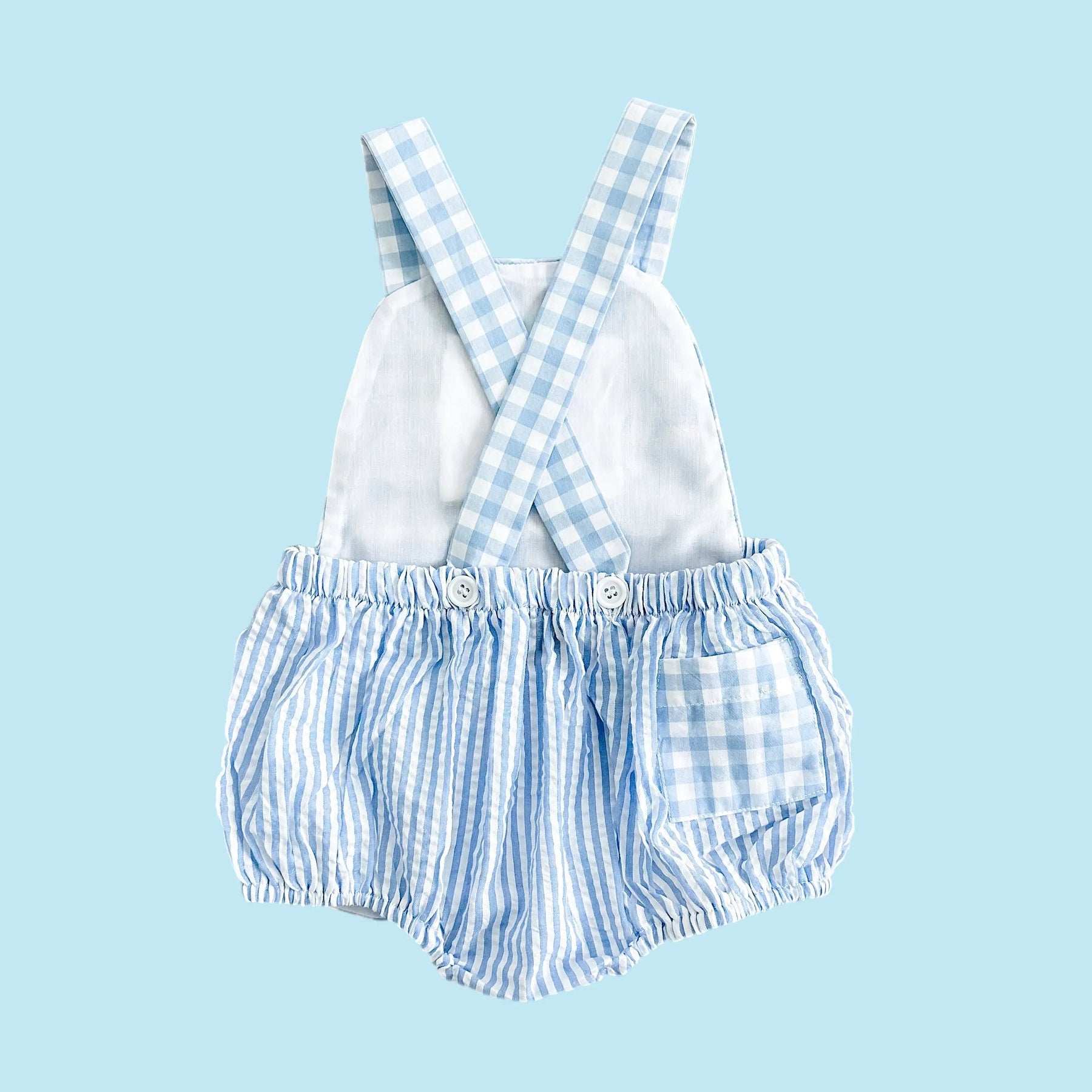 Baby Boy First Birthday Outfit – Smocked Blue Birthday Bubble by Seven Lantern Lane, children's boutique clothing detail photo 24