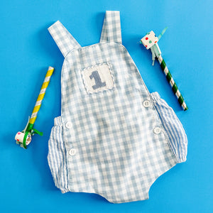 Baby Boy First Birthday Outfit – Smocked Blue Birthday Bubble by Seven Lantern Lane, children's boutique clothing detail photo 25