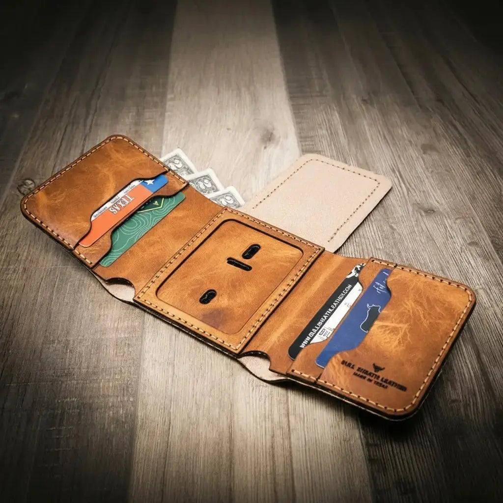 Badge Trifold Wallet by Bull Sheath Leather, handmade leather goods main product photo