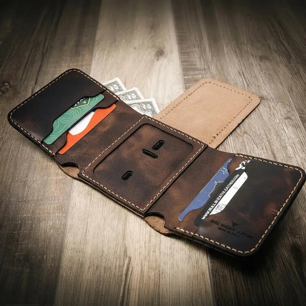 Badge Trifold Wallet by Bull Sheath Leather, handmade leather goods detail photo 11