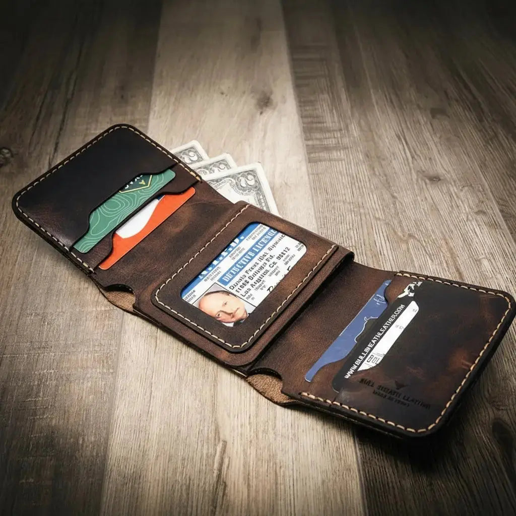 Badge Trifold Wallet by Bull Sheath Leather, handmade leather goods detail photo 12