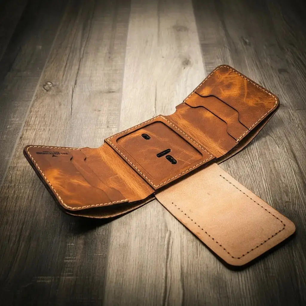 Badge Trifold Wallet by Bull Sheath Leather, handmade leather goods detail photo 22