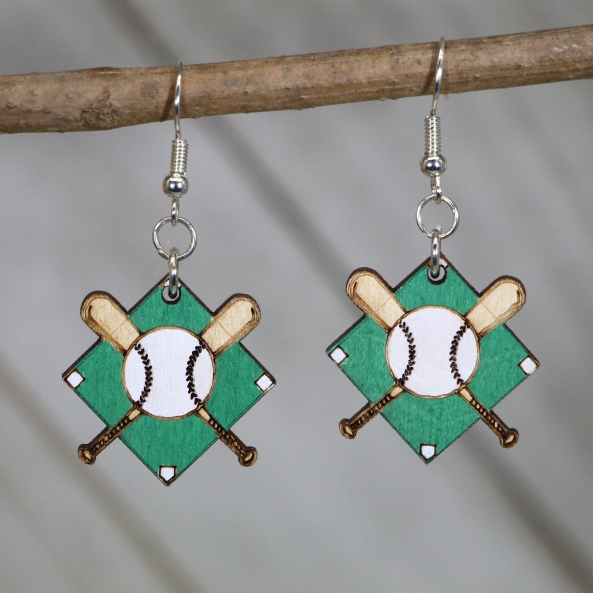 Baseball Diamond Wooden Earrings | Baseball Mom Sports Jewelry by Cate's Concepts, LLC, handmade jewelry main product photo