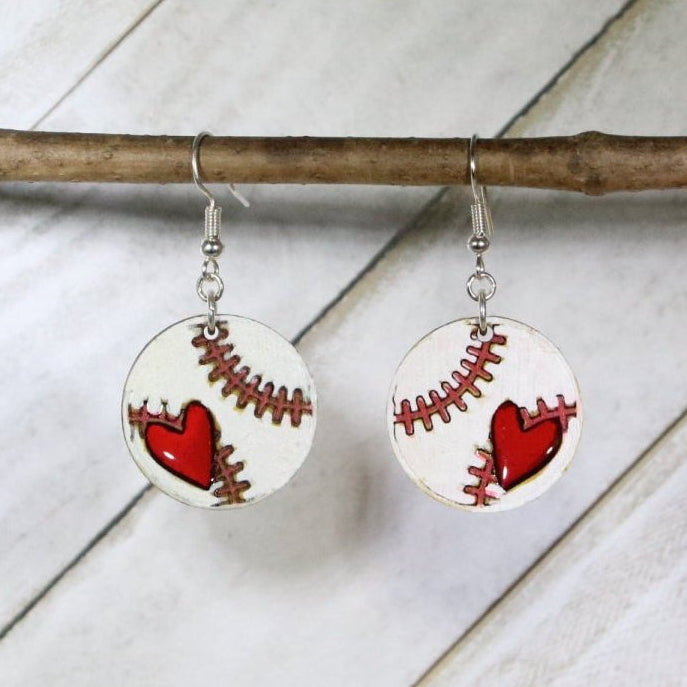 Baseball Heart Wood Resin Earrings | Baseball Mom Sports Jewelry by Cate's Concepts, LLC, handmade jewelry main product photo