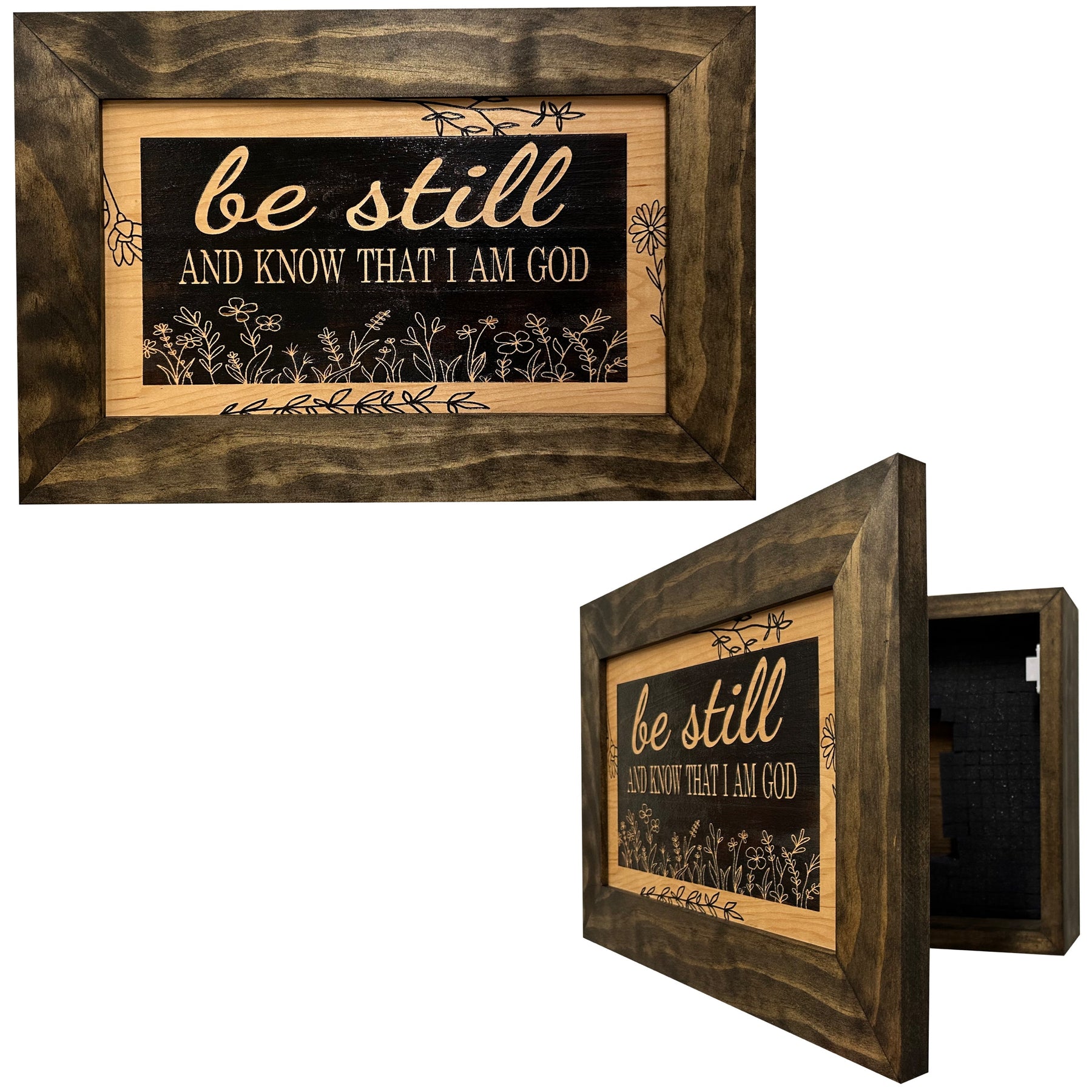 Bible Verse Decorative & Secure Wall-Mounted Gun Cabinet - Be Still and Know That I am God Psalm 46:10 Gun Safe by Bellewood Designs, Southern home decor main product photo