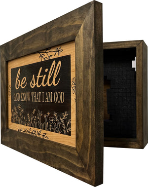 Bible Verse Decorative & Secure Wall-Mounted Gun Cabinet - Be Still and Know That I am God Psalm 46:10 Gun Safe by Bellewood Designs, Southern home decor detail photo 5