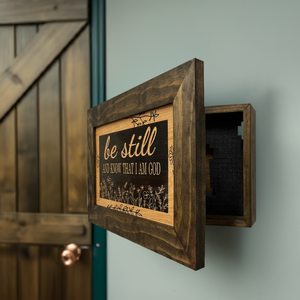 Bible Verse Decorative & Secure Wall-Mounted Gun Cabinet - Be Still and Know That I am God Psalm 46:10 Gun Safe by Bellewood Designs, Southern home decor detail photo 2