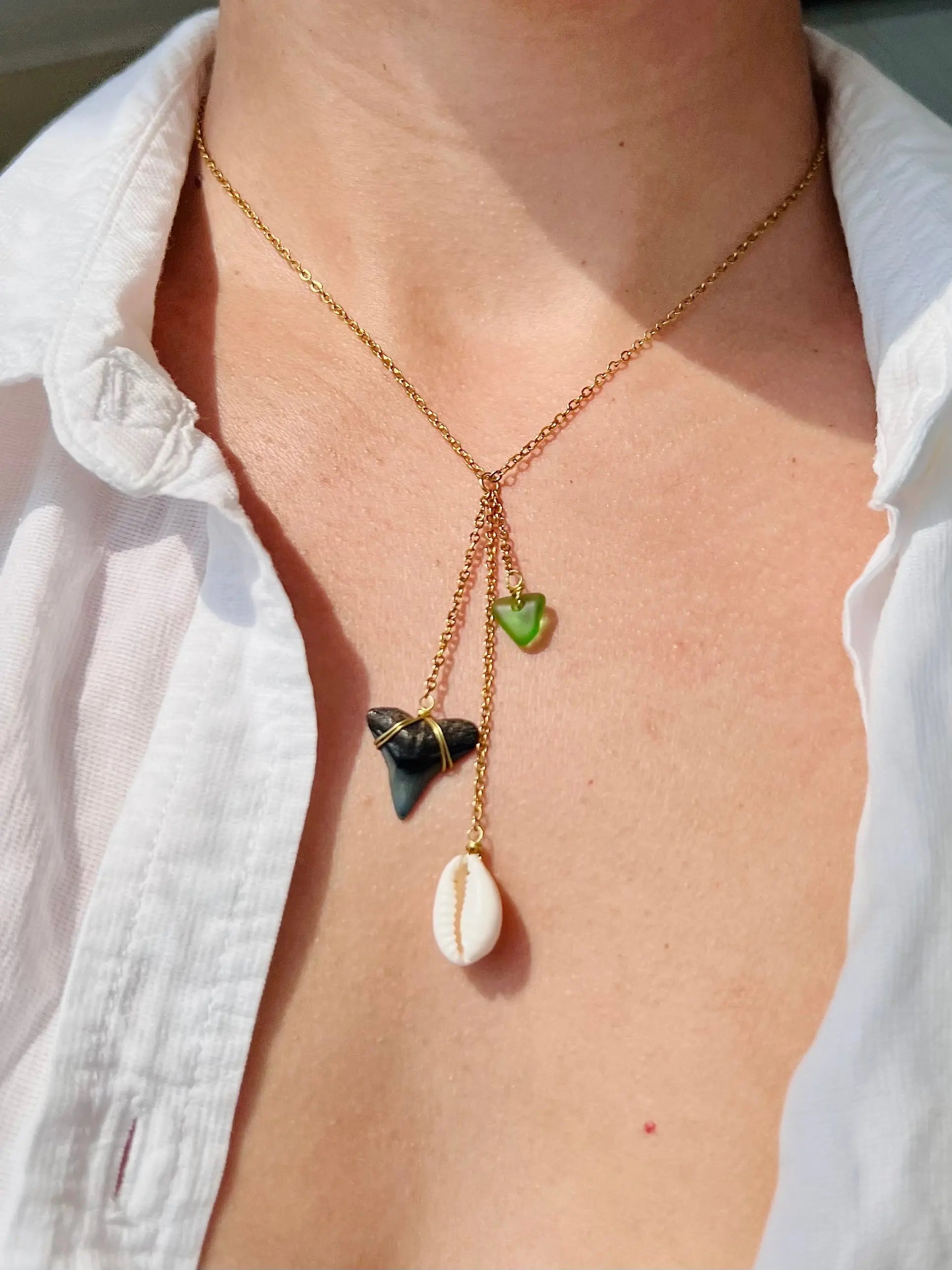 Beach Glass + Cowrie Shell Shark Tooth Necklace by HALT, handmade jewelry main product photo