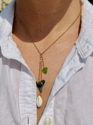 Beach Glass + Cowrie Shell Shark Tooth Necklace by HALT, handmade jewelry detail photo 2