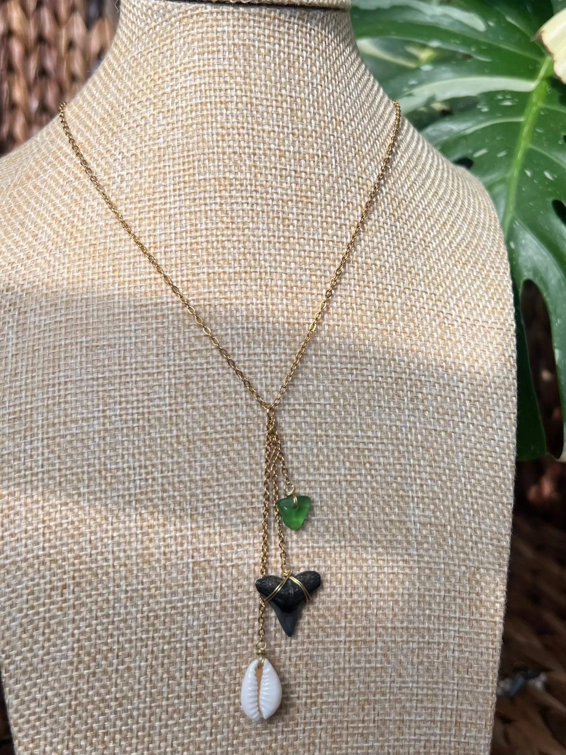 Beach Glass + Cowrie Shell Shark Tooth Necklace by HALT, handmade jewelry detail photo 3