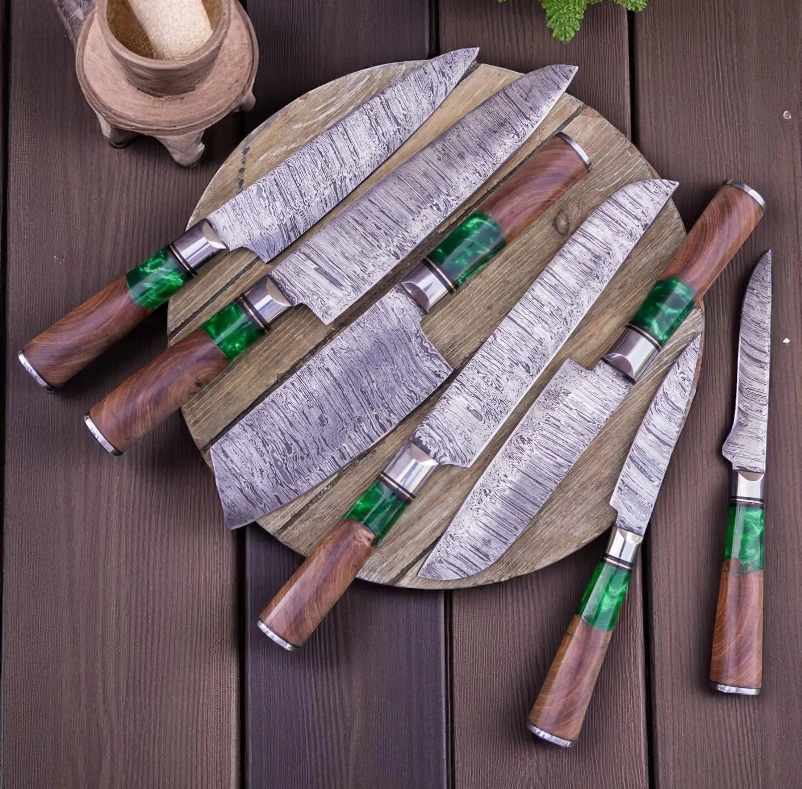 Best Damascus Knife Sets – 7-Piece Full Tang Forged Collection by Damascus Knife Store, Damascus knife main product photo