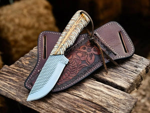Best Ranch Cowboy Knife – 4" Rasp Steel Blade with Cross-draw Sheath by Damascus Knife Store, leather knife sheath main product photo