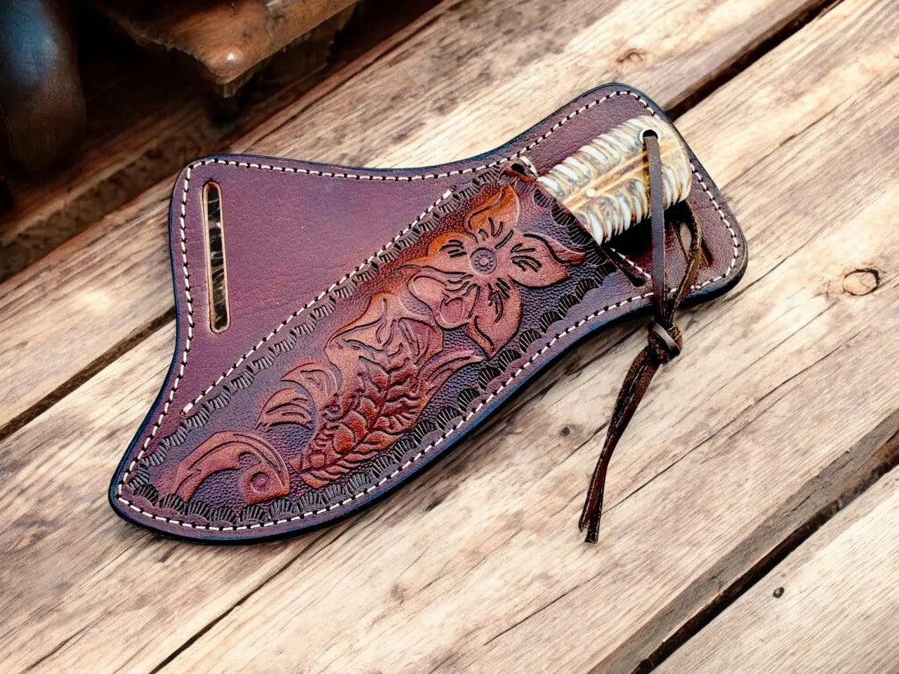 Best Ranch Cowboy Knife – 4" Rasp Steel Blade with Cross-draw Sheath by Damascus Knife Store, leather knife sheath detail photo 4