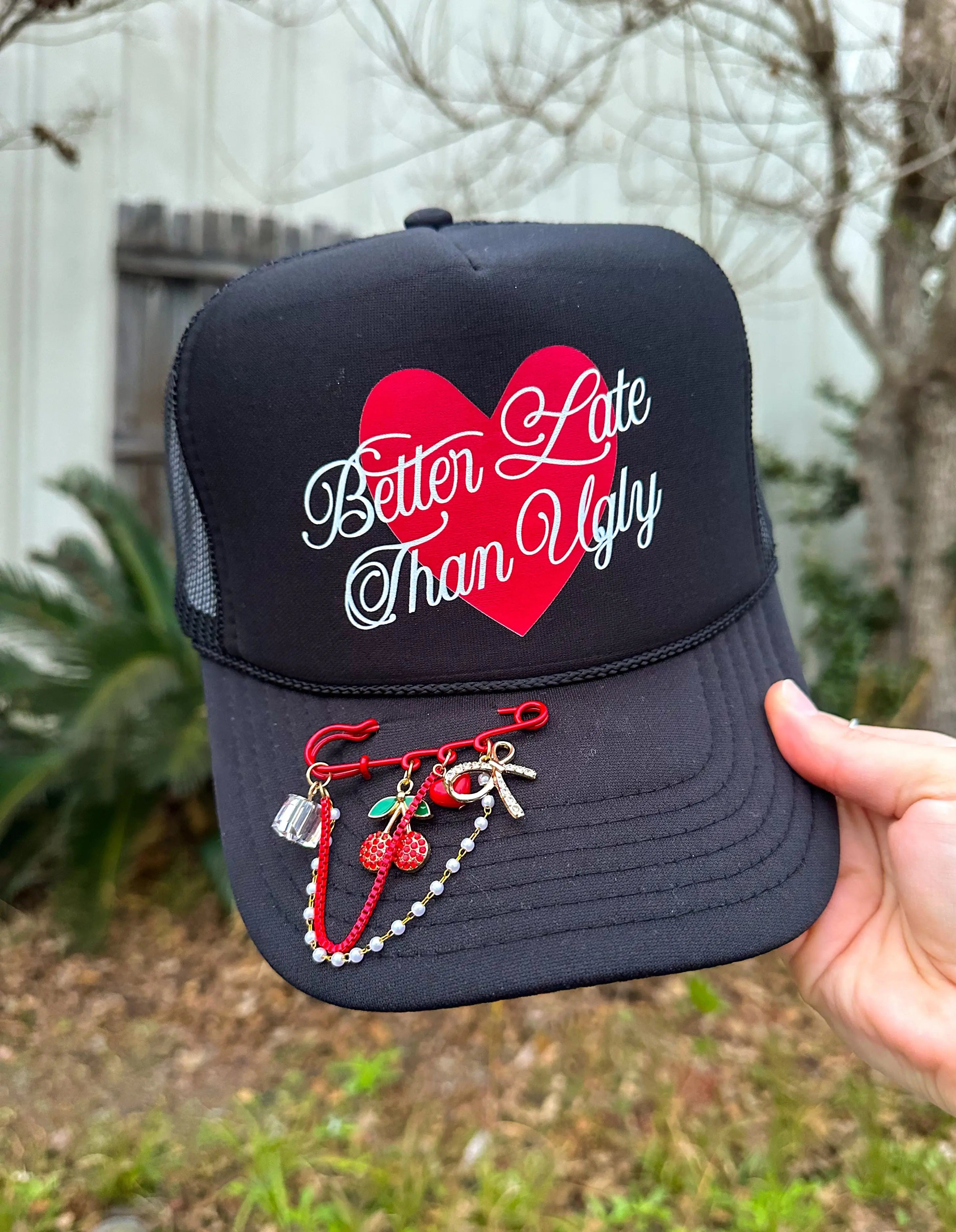 Better Late Than Ugly Black Trucker by Southern Bliss Company, custom hat main product photo