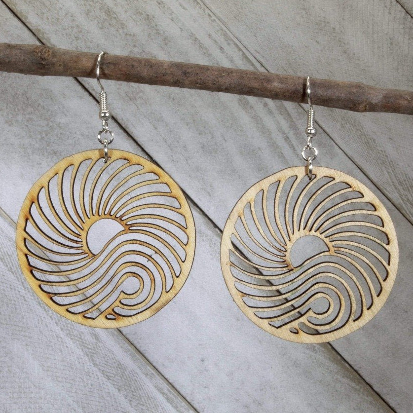 Big Wave Wooden Circle Dangle Earrings | Ocean Surf Jewelry detail view by Cate's Concepts, LLC