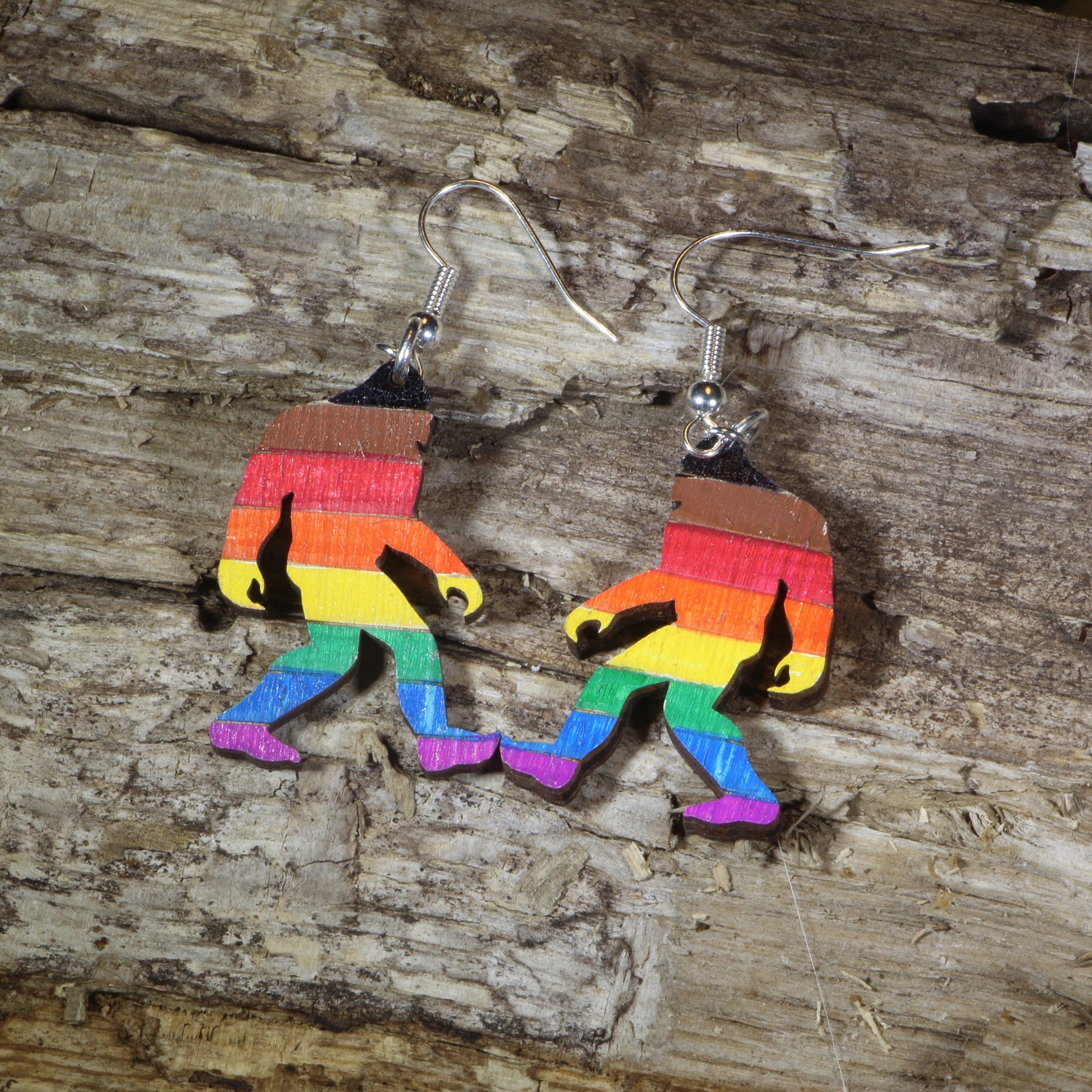 Bigfoot Rainbow Pride Wooden Earrings | LGBTQ Sasquatch Jewelry by Cate's Concepts, LLC